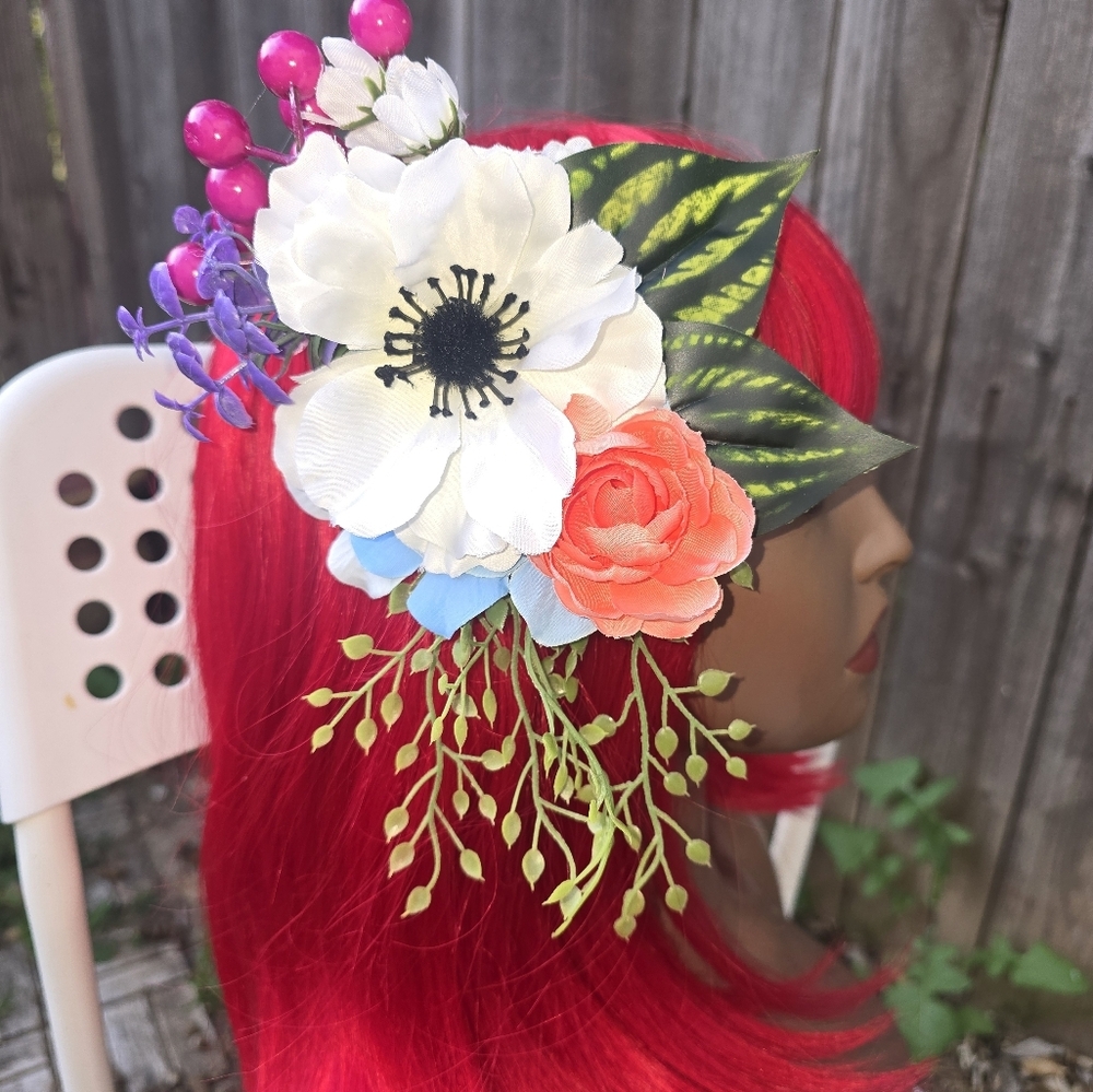 Floral Hair Accessory with Red Wig